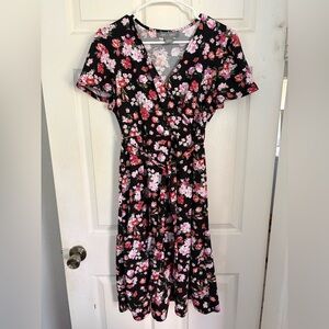Floral Black and Pink Wrap Dress